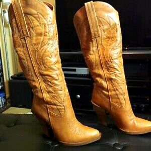 Rare Tan Alan Jessica Simpson Knee High Cowgirl Boots sz 6